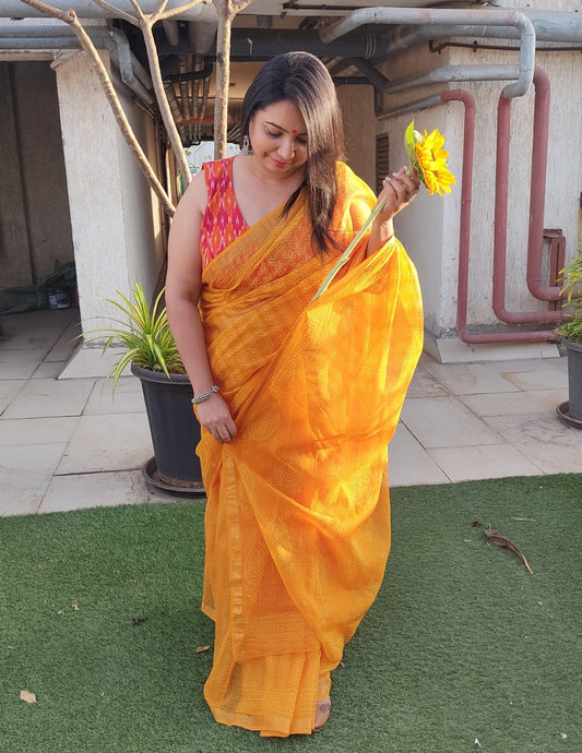 KHAT COLLECTION SUNKISS YELLOW HANDBLOCK PRINTED KOTA DORIA SAREE