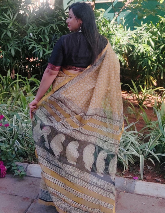 KHAT COLLECTION MUSTARD HANDBLOCK PRINTED KOTA DORIA SAREE