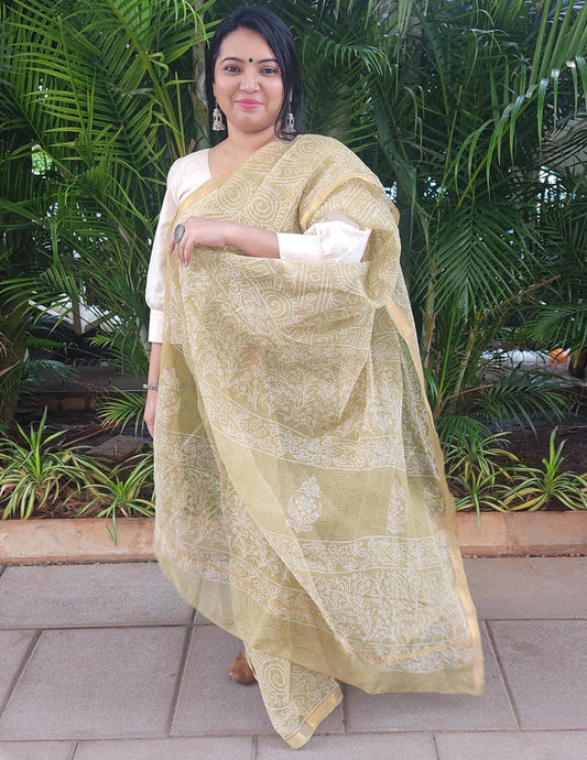 KHAT COLLECTION PISTA GREEN HANDBLOCK PRINTED KOTA DORIA SAREE