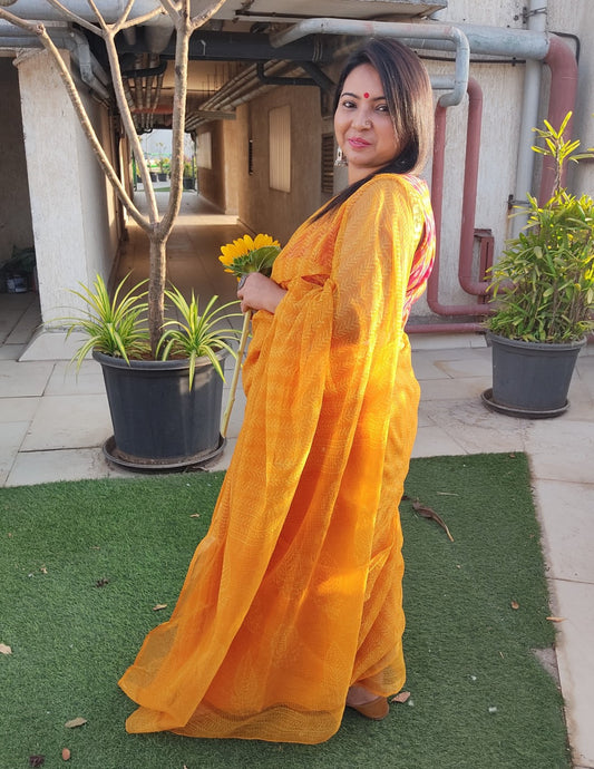 KHAT COLLECTION SUNKISS YELLOW HANDBLOCK PRINTED KOTA DORIA SAREE