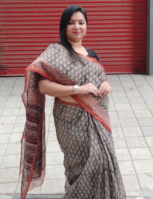 KHAT COLLECTION BLACK BUTTI HANDBLOCK PRINTED KOTA DORIA SAREE