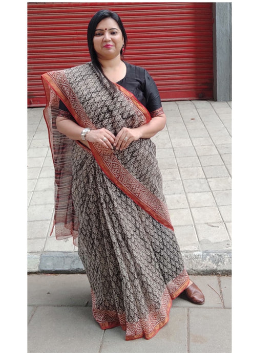 KHAT COLLECTION BLACK BUTTI HANDBLOCK PRINTED KOTA DORIA SAREE