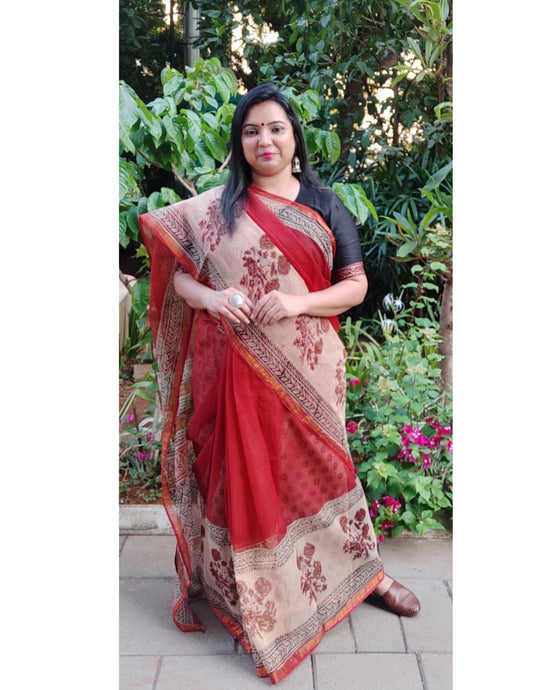 KHAT COLLECTION RUST HANDBLOCK PRINTED KOTA DORIA SAREE