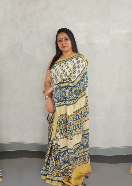 Handblock printed Ajrakh saree in natural indigo and madder red