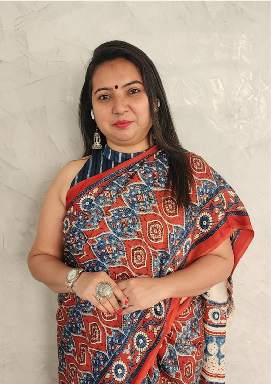 Handblock printed Ajrakh saree in natural indigo and madder red