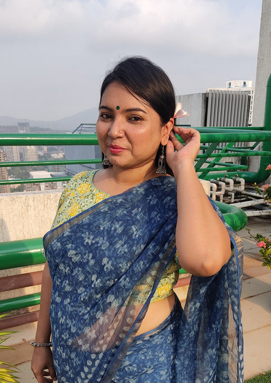 KHAT COLLECTION INDIGO HANDBLOCK PRINTED KOTA DORIA SAREE