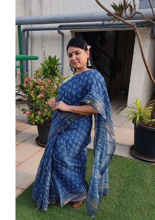 KHAT COLLECTION INDIGO HANDBLOCK PRINTED KOTA DORIA SAREE