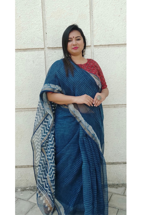 KHAT COLLECTION INDIGO GEO HANDBLOCK PRINTED KOTA DORIA SAREE