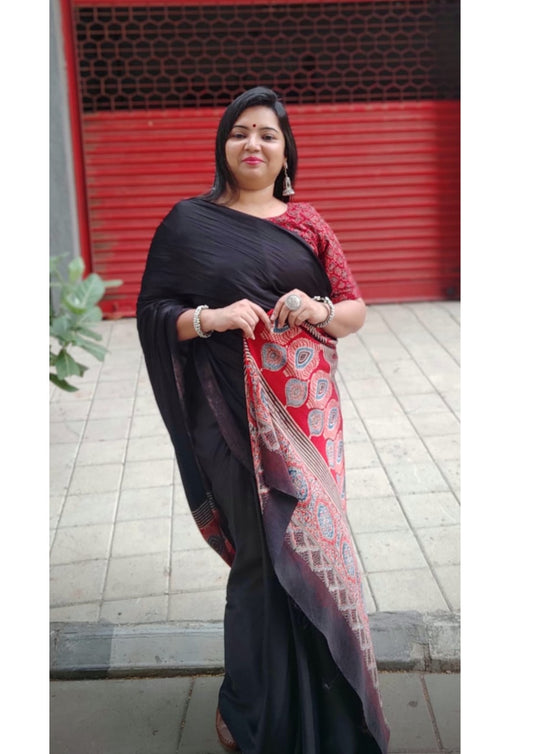 Handblock printed Ajrakh saree in natural indigo and madder red