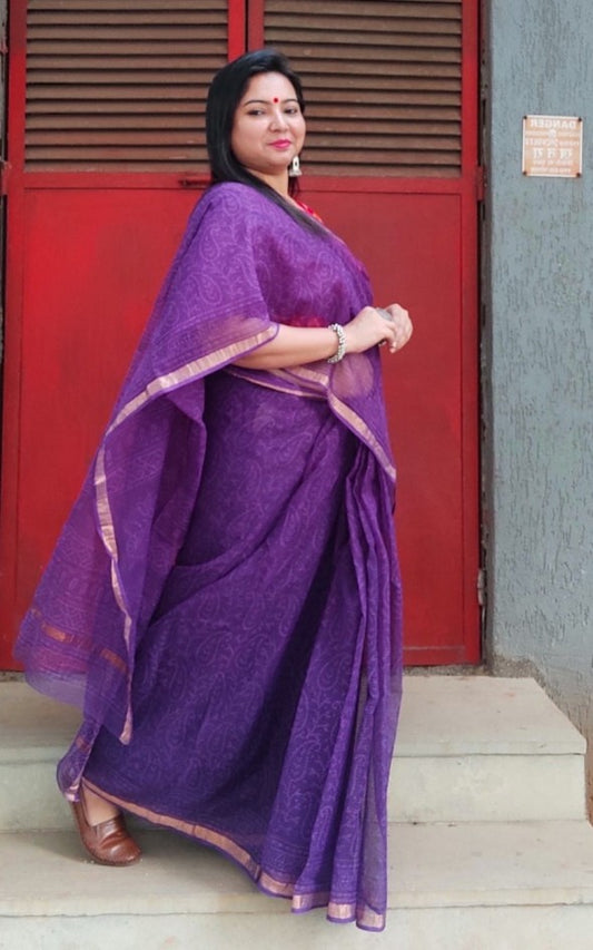 KHAT COLLECTION PYARA PURPLE HANDBLOCK PRINTED KOTA DORIA SAREE