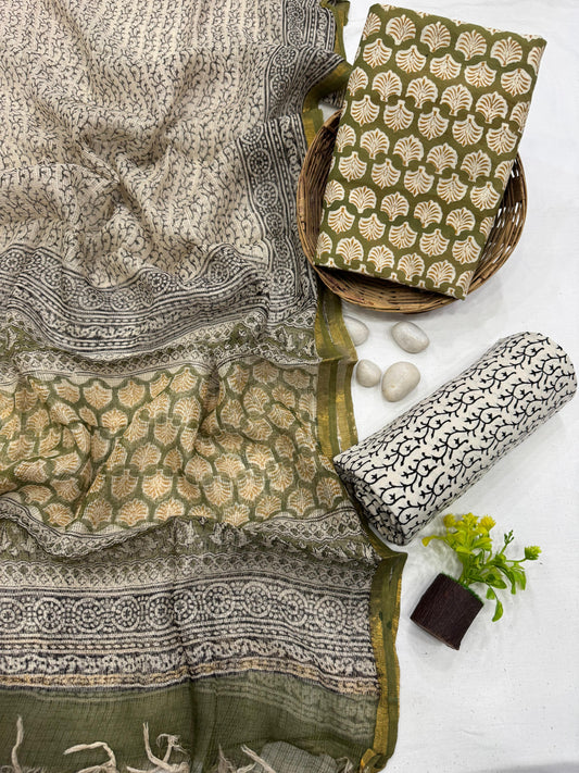 OLIVE GREEN - 3pc Bagru Block Printed Cotton Unstitched Suit Material with Kota Doria Dupatta