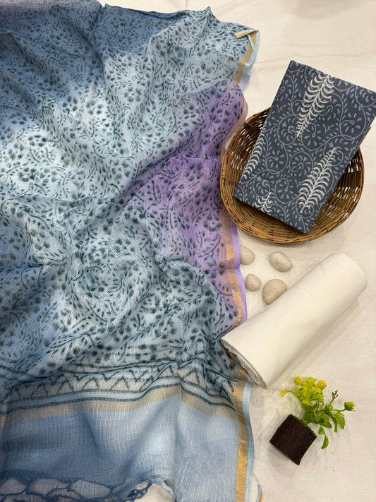 GREYISH - 3pc Bagru Block Printed Cotton Unstitched Suit Material with Kota Doria Dupatta