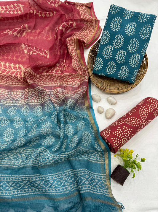 BLUE - 3pc Bagru Block Printed Cotton Unstitched Suit Material with Kota Doria Dupatta