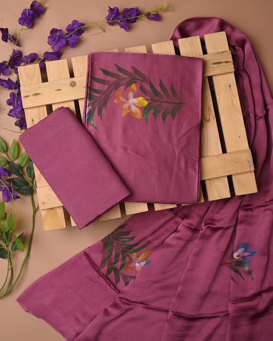 WINE - 3pc Sanganeri Block Printed Cupro Modal Unstitched Suit Material with Modal Dupatta