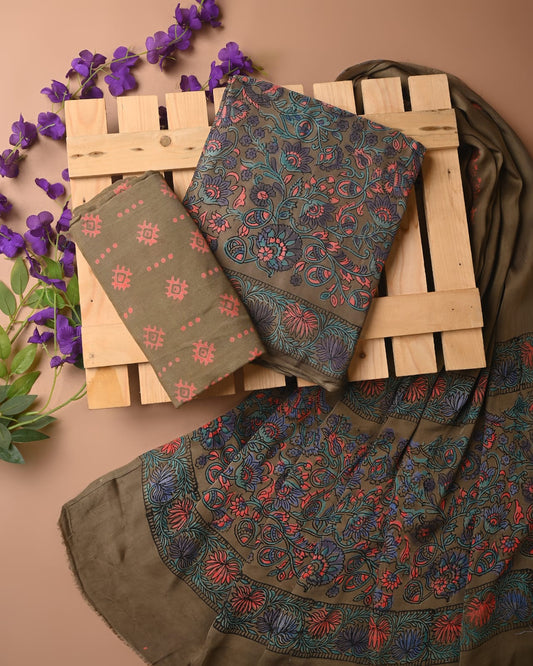 DARK MEHENDI - 3pc Sanganeri Block Printed Cupro Modal Unstitched Suit Material with Modal Dupatta