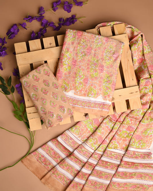 PEACH - 3pc Sanganeri Block Printed Cupro Modal Unstitched Suit Material with Modal Dupatta