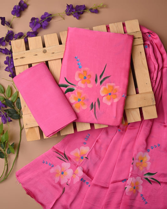 PINK HANDPAINTED - 3pc Sanganeri Cupro Modal Unstitched Suit Material with Modal Dupatta