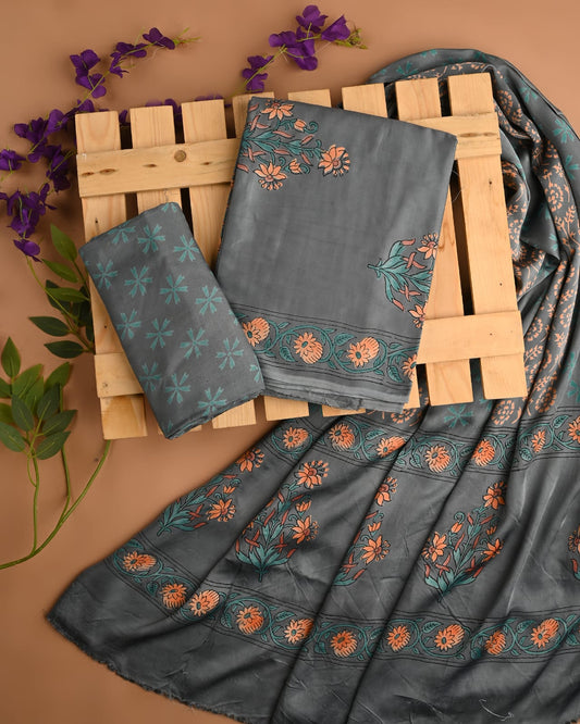 GREY - 3pc Sanganeri Block Printed Cupro Modal Unstitched Suit Material with Modal Dupatta