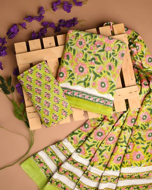 FRESH GREEN - 3pc Sanganeri Block Printed Cupro Modal Unstitched Suit Material with Modal Dupatta