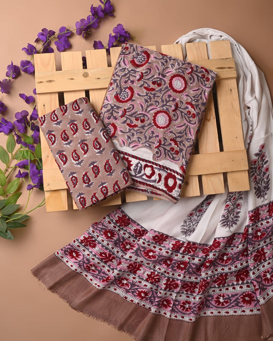 LIGHT BROWN - 3pc Sanganeri Block Printed Cupro Modal Unstitched Suit Material with Modal Dupatta