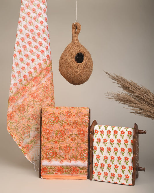 ORANGE - 3pc Sanganeri Block Printed Cotton Unstitched Suit Material with Kota Doria Dupatta