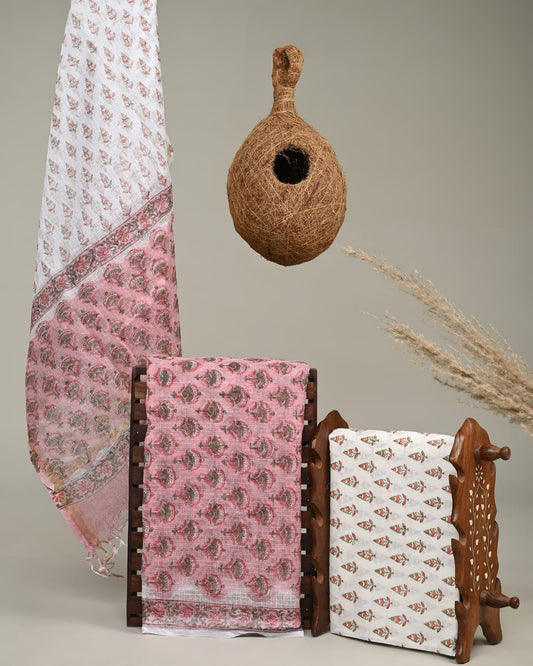 PINK - 3pc Sanganeri Block Printed Cotton Unstitched Suit Material with Kota Doria Dupatta