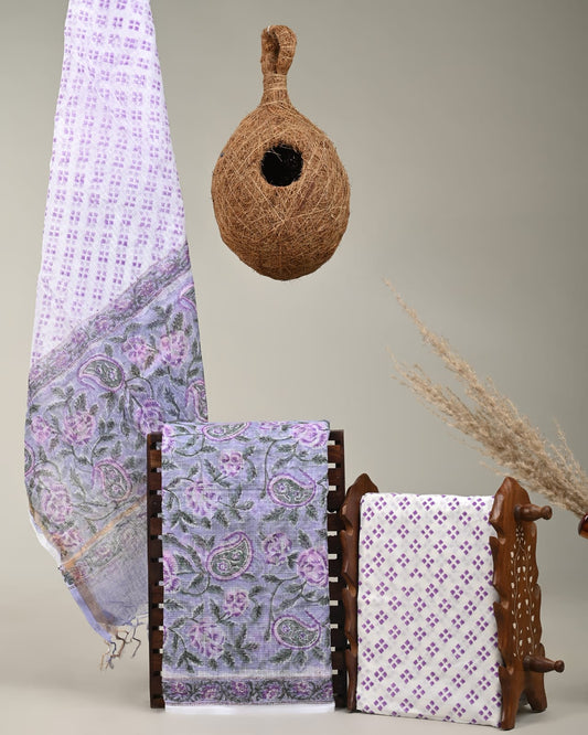 PURPLE - 3pc Sanganeri Block Printed Cotton Unstitched Suit Material with Kota Doria Dupatta