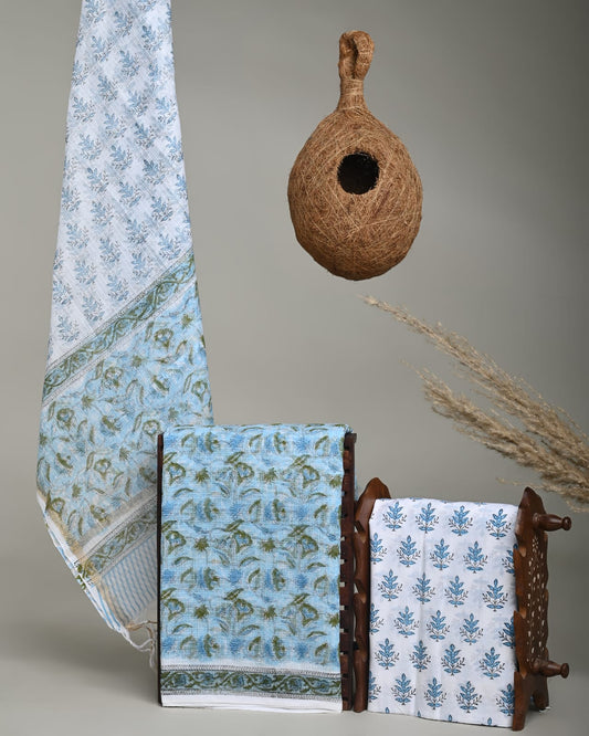 BLUE - 3pc Sanganeri Block Printed Cotton Unstitched Suit Material with Kota Doria Dupatta
