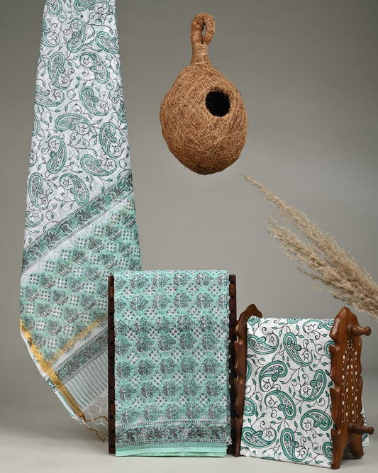 BLUE - 3pc Sanganeri Block Printed Cotton Unstitched Suit Material with Kota Doria Dupatta