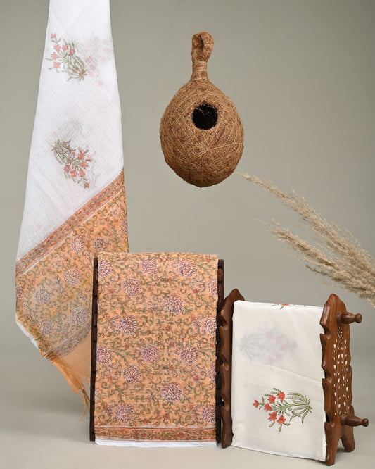 PEACH - 3pc Sanganeri Block Printed Cotton Unstitched Suit Material with Kota Doria Dupatta