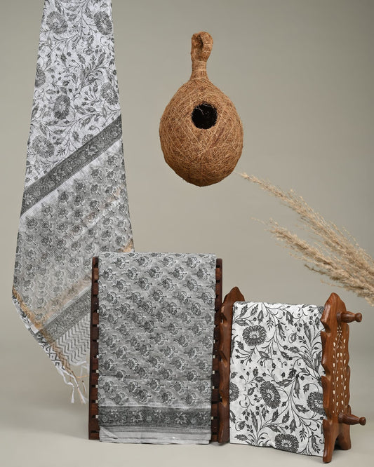 WHITE GREY - 3pc Sanganeri Block Printed Cotton Unstitched Suit Material with Kota Doria Dupatta