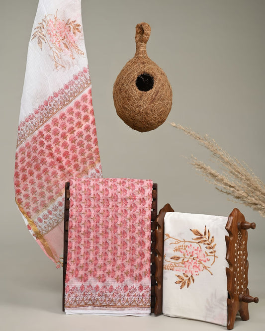 PINK - 3pc Sanganeri Block Printed Cotton Unstitched Suit Material with Kota Doria Dupatta