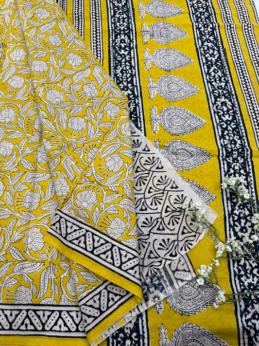 GOLD YELLOW BAGRU HANDBLOCK PRINTED SAREE
