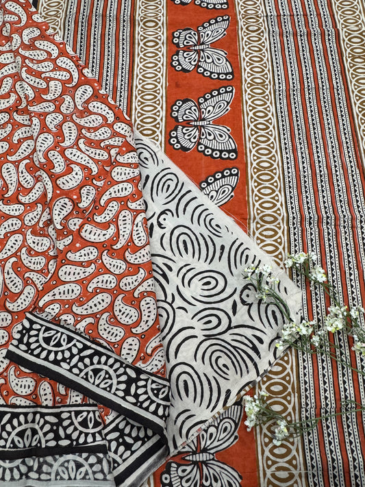 RUST ORANGE BAGRU HANDBLOCK PRINTED SAREE