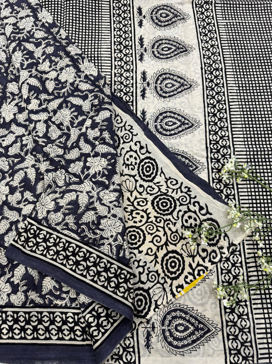 BLACK AND WHITE HANDBLOCK PRINTED SAREE