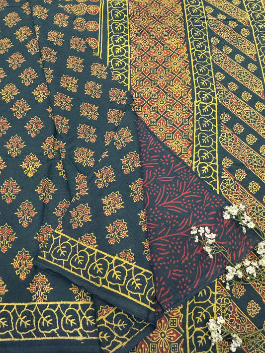 BOTTLE GREEN BAGRU HANDBLOCK PRINTED SAREE