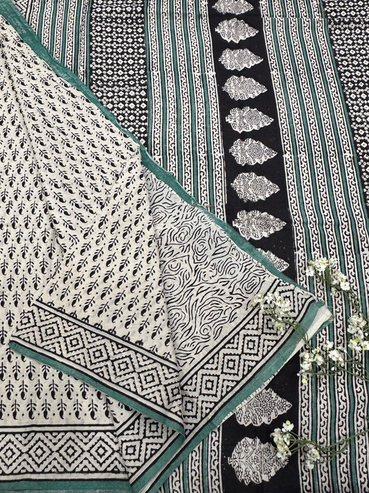 GREY GREEN BAGRU HANDBLOCK PRINTED SAREE