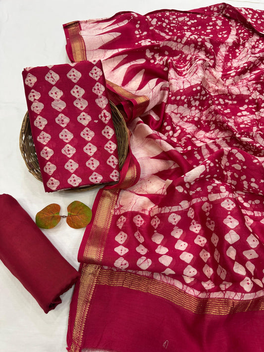 KALYANI - 3pc Maheshwari Silk Unstitched Bagru Print Dress Material