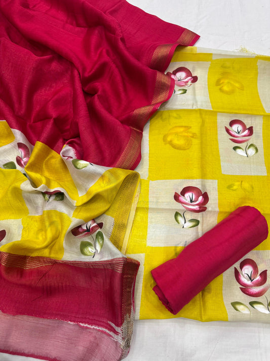 DIVYA - 3pc Maheshwari Silk Unstitched Bagru Print Dress Material