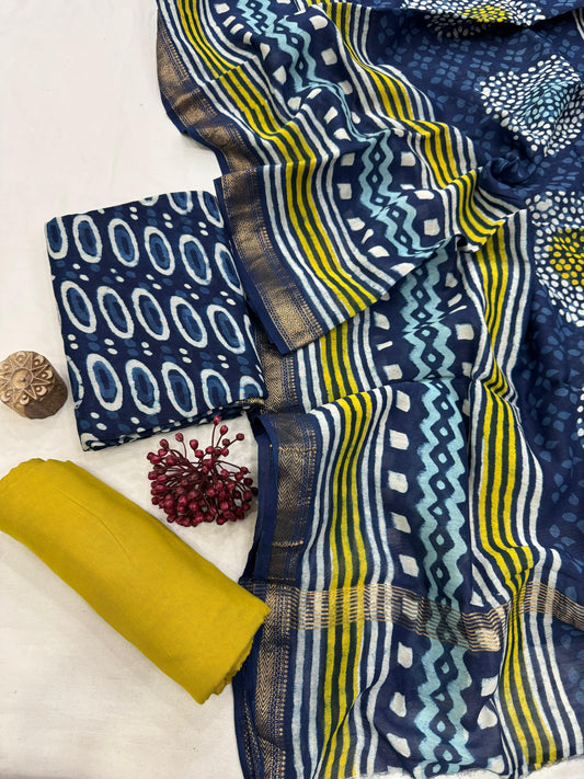 TISHA - 3pc Maheshwari Silk Unstitched Bagru Print Dress Material