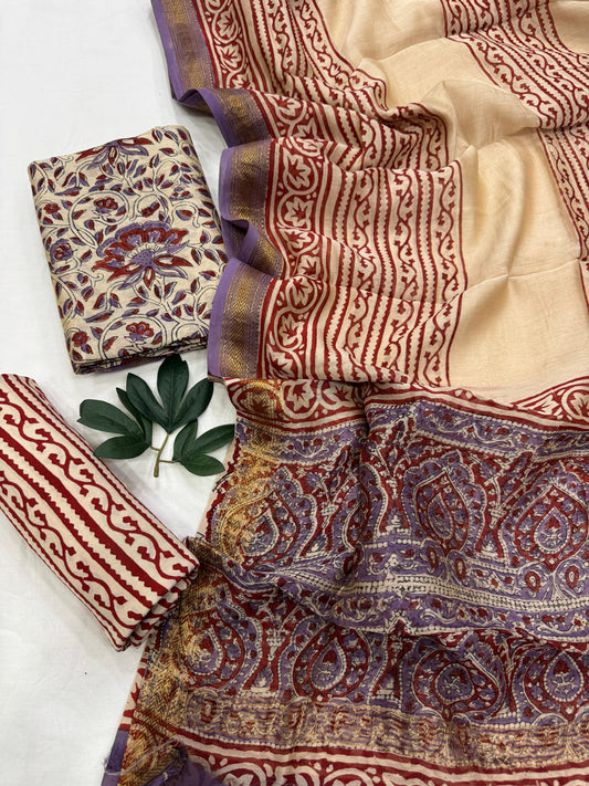 SHIVANI - 3pc Maheshwari Silk Unstitched Bagru Print Dress Material