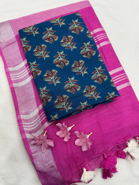 Plain cotton linen saree with breathable fabric