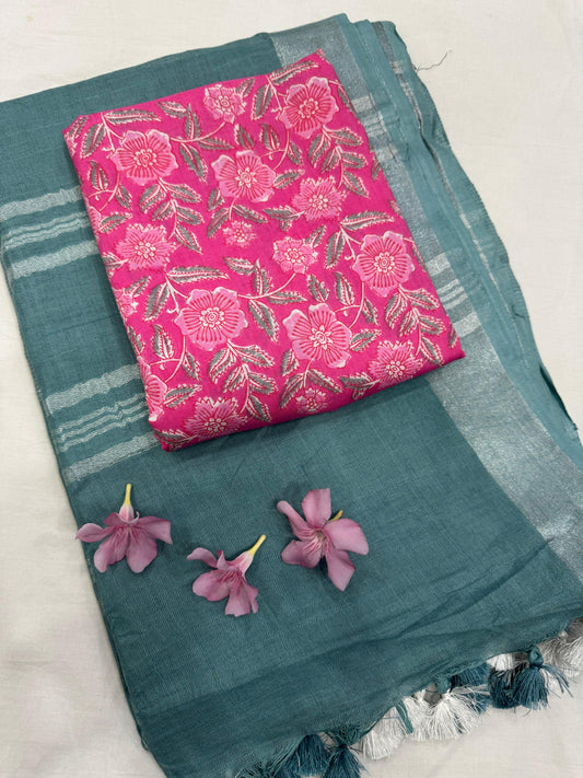 Handcrafted plain cotton linen saree from Jaipur