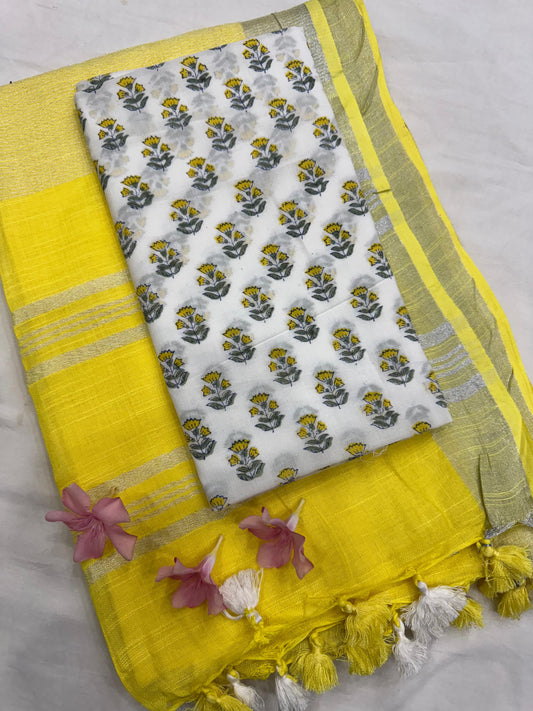 Jaipur handmade cotton linen plain saree