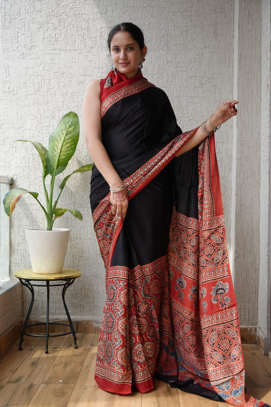 Handblock printed Ajrakh saree in natural indigo and madder red