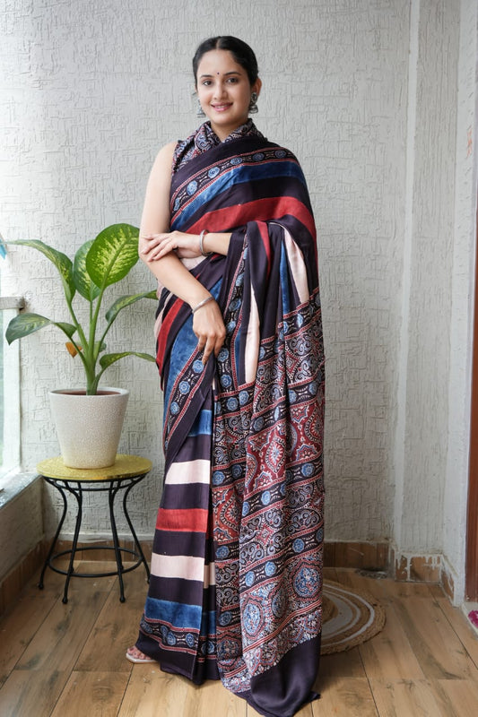 Handblock printed Ajrakh saree in natural indigo and madder red