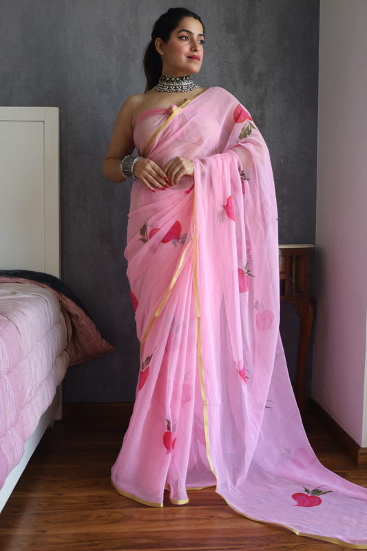 Ethereal Jaipur Chiffon Saree – Handpainted & Artisan-Made