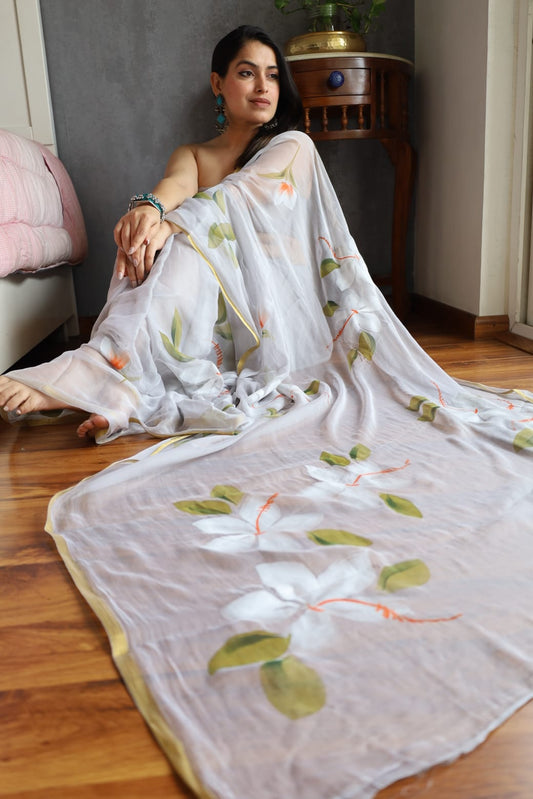 Artisanal Jaipur chiffon saree with intricate handpainted details