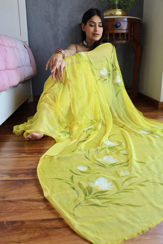 Elegant chiffon saree with traditional Jaipur handpainted artwork