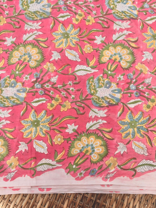 Pink Handblock Pure Cotton Fabric | Gulmohar Collection